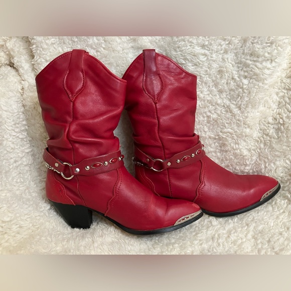 Women’s Cowgirl Red Silver Trim Western Slouch Ankle Size 7 - Picture 2 of 14
